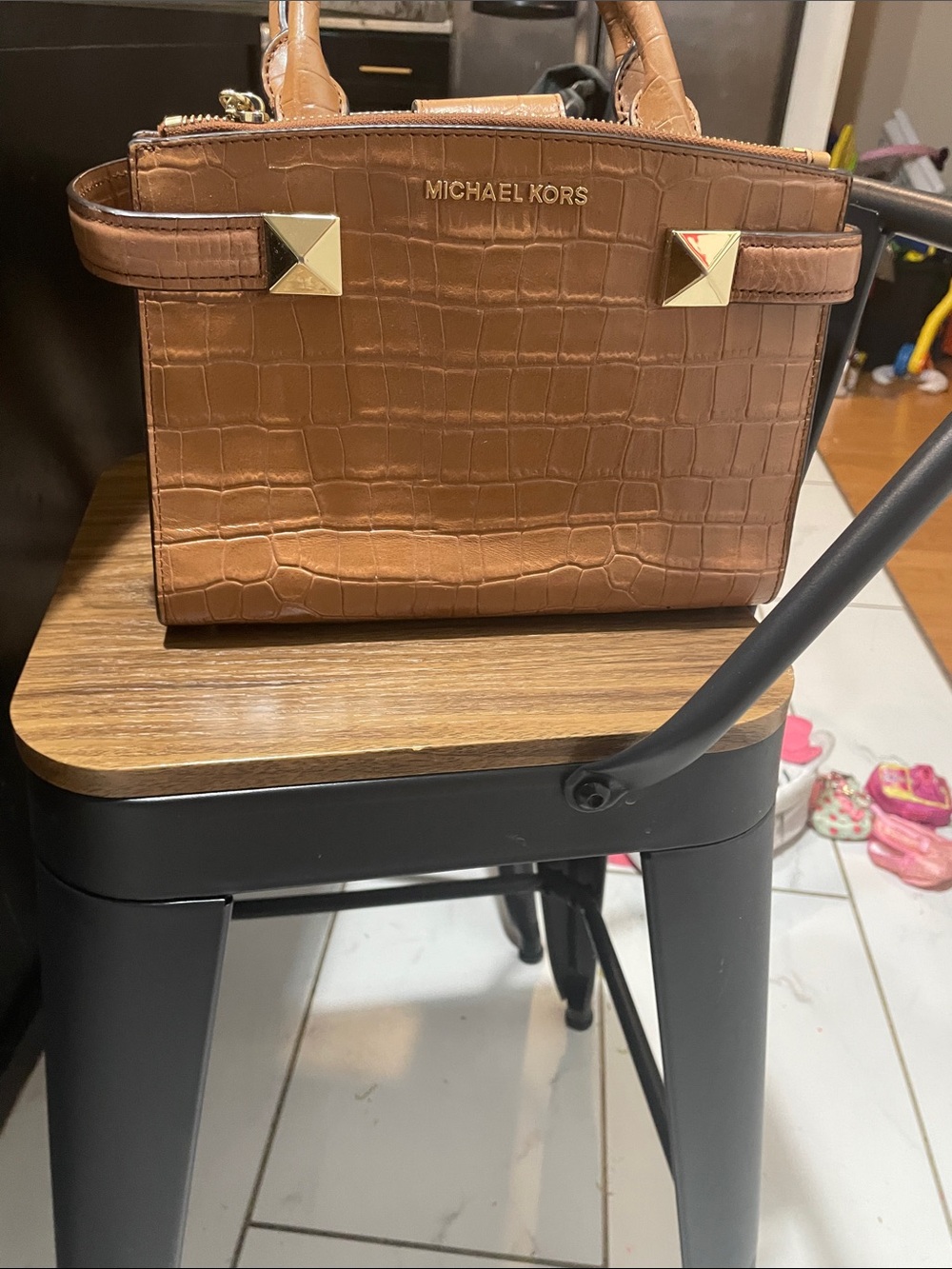 Michael Kors Cognac Croc-Embossed Leather Satchel with Gold Accents